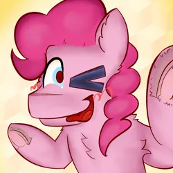 Size: 2048x2048 | Tagged: safe, artist:felixmcfurry, derpibooru import, pinkie pie, earth pony, blushing, chest fluff, derpibooru exclusive, ear fluff, image, mr. beast pose, one eye closed, png, rendered, solo, underhoof, vulgar description, wink