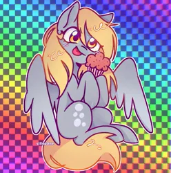 Size: 1087x1096 | Tagged: safe, artist:sillyp0ne, derpibooru import, derpy hooves, pegasus, pony, g4, blonde mane, blonde tail, blush lines, blushing, checkered background, colored hooves, cute, derp, derpabetes, eye clipping through hair, eyebrows, eyelashes, eyestrain warning, female, food, glowing blush, gray coat, gray hooves, hoof hold, hooves, image, jpeg, mare, muffin, multicolored background, outline, partially open wings, patterned background, rainbow background, shiny hooves, shiny mane, shiny tail, signature, sitting, smiling, solo, tail, tongue out, wings, yellow eyes