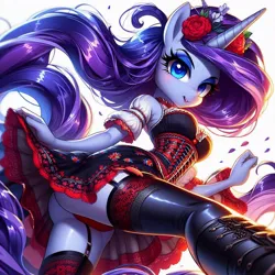 Size: 1024x1024 | Tagged: suggestive, ai content, derpibooru import, machine learning generated, prompter:glimmy-glam, rarity, anthro, ass, blushing, boots, breasts, butt, clothes, corset, female, flower, flower in hair, garter belt, generator:dall-e 3, image, jpeg, leather, panties, rearity, shoes, simple background, skirt, smiling, solo, solo female, stupid sexy rarity, underwear, upskirt, walking