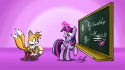 Size: 1280x720 | Tagged: safe, artist:soulsliver249, derpibooru import, twilight sparkle, twilight sparkle (alicorn), alicorn, anthro, fox, pony, chalk, chalk drawing, chalkboard, crossover, dialogue, digital art, duo, english, glow, glowing horn, happy, horn, image, magic, miles "tails" prower, mobian, notepad, pen, png, purple background, signature, simple background, sonic the hedgehog (series), sonicified, stool, telekinesis, traditional art