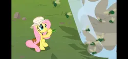 Size: 2532x1170 | Tagged: safe, derpibooru import, screencap, fluttershy, withers, fly, fly-der, hybrid, insect, pegasus, pony, spider, daring doubt, g4, season 9, spoiler:s09, bamboo flute, bee hive, blowing flute, cartoon physics, cute, female, flute, henchmen, image, mare, musical instrument, png, safari hat, shyabetes, solo, solo female