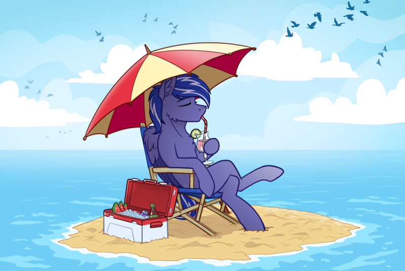 Size: 5064x3393 | Tagged: safe, artist:helmie-art, derpibooru import, oc, oc:lightning flare, chest fluff, commission, cooler, crossed legs, drink, image, island, png, sitting, solo, sternocleidomastoid, umbrella, water, ych result