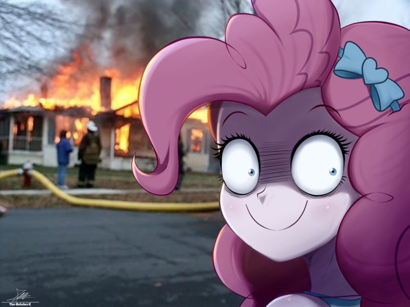 Size: 2734x2050 | Tagged: safe, artist:the-butch-x, derpibooru import, pinkie pie, human, equestria girls, g4, dissaster girl, fire, house, image, irl, looking back, meme, meme origin, open mouth, open smile, photo, png, smiling