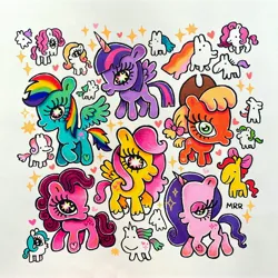 Size: 4096x4096 | Tagged: safe, artist:meganroseruiz, derpibooru import, apple bloom, applejack, fluttershy, pinkie pie, rainbow dash, rarity, twilight sparkle, twilight sparkle (alicorn), alicorn, earth pony, pegasus, pony, unicorn, g4, applejack's hat, bow, cowboy hat, female, hat, heart, horn, image, jpeg, mane six, mare, simple background, sparkles, traditional art