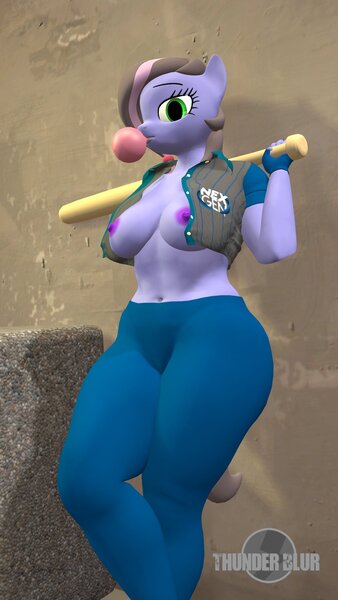 Size: 1080x1920 | Tagged: questionable, artist:thunder-blur, ponerpics import, oc, unofficial characters only, anthro, 3d, areola, baseball bat, breasts, bubblegum, female, food, gum, image, jpeg, nipples, nudity