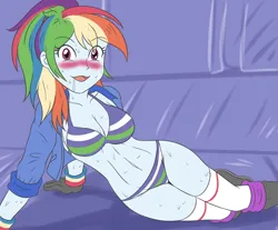 Size: 4000x3307 | Tagged: suggestive, artist:sumin6301, derpibooru import, rainbow dash, human, equestria girls, g4, alternate hairstyle, belly, belly button, big breasts, blush lines, blushing, boots, bra, breasts, busty rainbow dash, cleavage, clothes, drool, eyebrows, eyebrows visible through hair, female, gloves, image, jacket, jpeg, looking at you, lying down, nipples, nudity, open mouth, open smile, panties, ponytail, shoes, side, smiling, socks, solo, solo female, striped panties, striped underwear, sweat, thigh highs, underwear