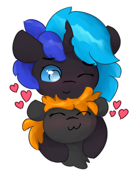 Size: 921x1169 | Tagged: safe, artist:solarhors, derpibooru import, oc, oc:solar flare, oc:♪, unofficial characters only, changeling, earth pony, pony, ^^, blushing, changeling oc, closed eye, eye clipping through hair, eyebrows, eyebrows visible through hair, eyes closed, floating heart, floppy ears, happy, heart, hug, image, png, simple background, transparent background