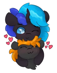 Size: 921x1169 | Tagged: safe, artist:solarhors, derpibooru import, oc, oc:solar flare, oc:♪, unofficial characters only, changeling, earth pony, pony, ^^, blushing, changeling oc, closed eye, eye clipping through hair, eyebrows, eyebrows visible through hair, eyes closed, floating heart, floppy ears, happy, heart, hug, image, png, simple background, transparent background