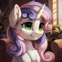 Size: 3072x3072 | Tagged: safe, ai content, derpibooru import, machine learning generated, prompter:seashell, stable diffusion, sweetie belle, pony, unicorn, g4, bust, chest fluff, ear fluff, female, filly, fluffy, foal, horn, image, indoors, jpeg, looking at you, mare, smiling, smiling at you, solo, tail, two toned mane, two toned tail