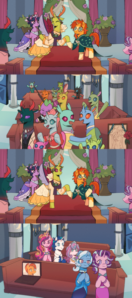 Size: 1837x4144 | Tagged: safe, artist:ywraa, derpibooru import, arista, axilla, clypeus, cornicle, lumbar, ocellus, pharynx, princess cadance, princess flurry heart, queen chrysalis, shining armor, spike, spiracle, starlight glimmer, stellar flare, sunburst, thorax, trixie, twilight sparkle, twilight sparkle (alicorn), alicorn, changedling, changeling, dragon, pony, unicorn, g4, bench, carapace (g4), clapping, computer, coracoid, cute, detailed background, female, frenulum (g4), gay, group, horn, image, indoors, kevin, king thorax, laptop computer, male, mare, png, prince pharynx, ship:thoraxburst, shipping, sitting, smiling, spikabetes, stallion, trio focus, tymbal