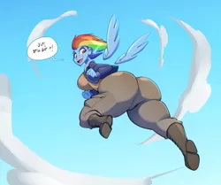 Size: 1200x1002 | Tagged: suggestive, artist:bigdad, derpibooru import, rainbow dash, human, pegasus, g4, ass, butt, clothes, dialogue, female, flying, humanized, image, jpeg, large butt, looking back, open mouth, open smile, pony coloring, rainbutt dash, sky, smiling, solo, solo female, speech bubble, text, the ass was fat