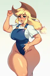 Size: 1800x2702 | Tagged: suggestive, artist:nocturne, derpibooru import, applejack, earth pony, human, g4, chonk, clothes, cowboy hat, female, hat, humanized, image, impossibly large thighs, jpeg, looking at you, overalls, pony coloring, shirt, simple background, smiling, smiling at you, solo, solo female, thighs, thunder thighs, wide hips