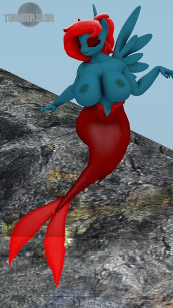 Size: 1440x2560 | Tagged: questionable, artist:thunder-blur, ponerpics import, oc, oc:thunder blur, unofficial characters only, anthro, mermaid, 3d, breasts, female, image, jpeg, mermaidized, nipples, nudity, species swap