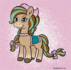 Size: 2048x2022 | Tagged: safe, artist:amynewblue, derpibooru import, horse, pony, 2024, bandana, bow, cocoa (wild manes), female, hair bow, image, jpeg, mare, saddle, signature, solo, tack, tail, tail bow, wild manes