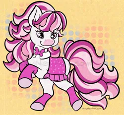 Size: 2048x1904 | Tagged: safe, artist:amynewblue, derpibooru import, horse, pony, 2024, bowtie, candi (wild manes), female, image, jpeg, mare, saddle, signature, smiling, solo, tack, tail, watermark, wild manes