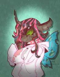 Size: 2520x3217 | Tagged: safe, artist:maniczombiedreamgirl, derpibooru import, oc, oc:larvae, unofficial characters only, anthro, changeling, 2024, arm hooves, artfight, black eyeshadow, blush lines, blushing, changeling horn, chubby, clothes, collar, crying, ear fluff, eyeshadow, floppy ears, gray coat, green eyes, hoodie, horn, image, insect wings, lightly watermarked, makeup, png, raised hoof, simple background, slit pupils, solo, spiked collar, tricolor mane, vignette, watermark, wings