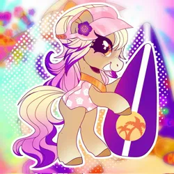 Size: 2048x2048 | Tagged: safe, artist:devideetz, derpibooru import, horse, pony, bailey (wild manes), bipedal, clothes, female, flower, freckles, image, jpeg, mare, one-piece swimsuit, open mouth, open smile, smiling, solo, surfboard, swimsuit, tail, unshorn fetlocks, visor cap, wild manes