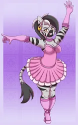 Size: 3030x4840 | Tagged: safe, artist:pananovich, derpibooru import, oc, oc:trinidad, unofficial characters only, anthro, pony, zebra, abstract background, ballerina, ballet slippers, blushing, breasts, busty oc, cleavage, clothes, female, furrowed brow, gloves, gritted teeth, image, jpeg, long gloves, looking at you, mare, socks, solo, teeth, zebra oc