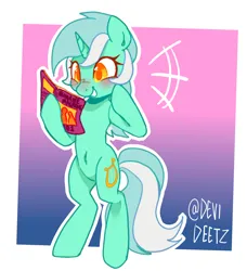 Size: 3384x3712 | Tagged: safe, artist:devideetz, derpibooru import, lyra heartstrings, pony, unicorn, g4, bipedal, blushing, emanata, female, horn, image, jpeg, magazine, mare, passepartout, signature, smiling, solo, tail, that pony sure does love humans