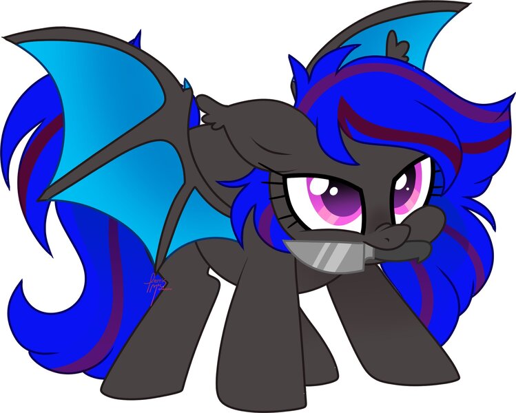 Size: 2048x1640 | Tagged: safe, artist:fizzlefer, derpibooru import, oc, oc:ebony rose, unofficial characters only, bat pony, bat pony oc, bat wings, colored wings, commission, commissioner:ebonyrose, ear tufts, eyelashes, gradient wings, image, jpeg, knife, lidded eyes, mouth hold, narrowed eyes, pink eyes, signature, smiling, spread wings, tail, two toned mane, two toned tail, two toned wings, wings