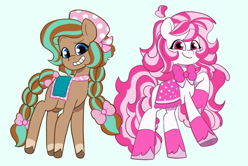 Size: 1525x1017 | Tagged: safe, artist:xhinoblade, derpibooru import, horse, g5, my little pony: tell your tale, bow, bowtie, candi (wild manes), cocoa (wild manes), duo, duo female, female, grin, hair bow, image, jpeg, looking at you, rearing, saddle, simple background, smiling, smiling at you, style emulation, tack, tail, unshorn fetlocks, white background, wild manes