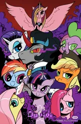 Size: 1080x1661 | Tagged: safe, artist:duvivi, derpibooru import, idw, applejack, fluttershy, king sombra, pinkie pie, princess cadance, rainbow dash, rarity, spike, twilight sparkle, g4, reflections, spoiler:comic, alternate universe, dark mirror universe, evil cadance, former good king sombra, good king sombra, i can't believe it's not idw, image, jpeg, mane seven, mane six, mirror universe, pinkamena diane pie, red little book source