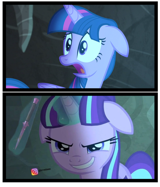 Size: 1703x1987 | Tagged: safe, artist:trrriple0dds, derpibooru import, edit, edited screencap, screencap, starlight glimmer, twilight sparkle, alternate timeline, alternate universe, image, meme, png