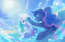 Size: 1675x1080 | Tagged: safe, artist:shiqiuzhu, derpibooru import, fluttershy, princess celestia, princess luna, rainbow dash, twilight sparkle, alicorn, pegasus, g4, beach, image, jpeg, magic, playing, red little book source, sun, telekinesis