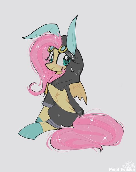 Size: 1620x2048 | Tagged: safe, artist:petaltwinkle, derpibooru import, fluttershy, pegasus, pony, g4, blush lines, blushing, bunny ears, bunny hood, clothes, costume, cute, dangerous mission outfit, eye clipping through hair, female, frown, goggles, goggles on head, gray background, hoodie, image, jpeg, long eyelashes, long mane, long socks, long tail, looking back, mare, nervous, partially open wings, pink mane, pink tail, rear view, scrapes, shyabetes, simple background, sitting, socks, solo, sparkly mane, sparkly tail, sweat, sweatdrop, tail, teal eyes, two toned mane, two toned tail, wavy mane, wavy mouth, wavy tail, wings, yellow coat