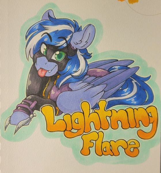 Size: 1779x1910 | Tagged: safe, artist:twisted-sketch, derpibooru import, oc, oc:lightning flare, unofficial characters only, pegasus, :p, fangs, hoof blades, image, jpeg, marker drawing, shadowbolts, solo, tongue out, traditional art, wip