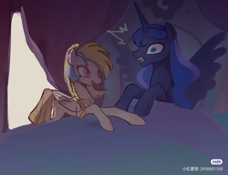 Size: 1791x1378 | Tagged: safe, artist:shiqiuzhu, derpibooru import, golden feather, princess celestia, princess luna, alicorn, pegasus, g4, spoiler:comic, spoiler:comic65, bedroom, image, jpeg, red little book source