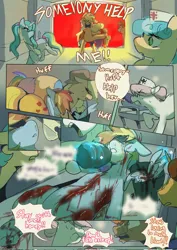 Size: 1448x2048 | Tagged: semi-grimdark, artist:piesinful, derpibooru import, applejack, doctor horse, doctor stable, nurse redheart, rainbow dash, oc, earth pony, pegasus, pony, unicorn, comic:unlucky day, fanfic:cupcakes, g4, blood, comic, dialogue, female, horn, hospital, image, jpeg, male, mare, severed limb, severed wing, speech bubble, stallion