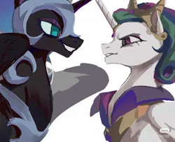 Size: 1328x1080 | Tagged: safe, artist:shiqiuzhu, derpibooru import, idw, nightmare moon, princess celestia, alicorn, g4, reflections, spoiler:comic, evil celestia, evil counterpart, face to face, image, jpeg, looking at each other, looking at someone, mirror universe, red little book source