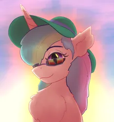 Size: 1962x2100 | Tagged: safe, artist:gosha305, derpibooru import, princess celestia, pony, g4, backlighting, bust, chest fluff, ear fluff, female, fluffy, hat, horn, image, implied daybreaker, looking at you, mare, png, portrait, sky, smiling, smiling at you, solo, sun, sun hat, sunglasses