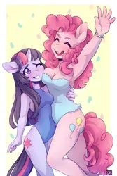 Size: 1125x1687 | Tagged: safe, artist:cherryena, derpibooru import, pinkie pie, twilight sparkle, anthro, earth pony, unicorn, breasts, cleavage, clothes, duo, eyes closed, female, grin, holding, horn, image, jpeg, leotard, one eye closed, open mouth, open smile, smiling