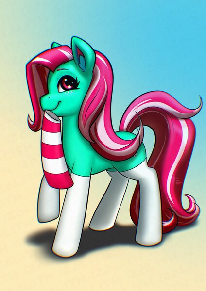 Size: 1448x2048 | Tagged: safe, artist:itxi_izalith, derpibooru import, minty, earth pony, pony, g3, clothes, female, image, jpeg, mare, mouth hold, smiling, socks, solo, striped socks