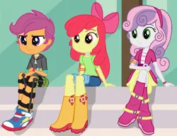 Size: 750x575 | Tagged: safe, derpibooru import, edit, edited screencap, editor:mantillamel, screencap, apple bloom, scootaloo, sweetie belle, equestria girls, g4, 2024, clothes, converse, cutie mark crusaders, disabled, female, image, jpeg, leg brace, my little pony equestria girls: friendship games, shoes, trio, trio female