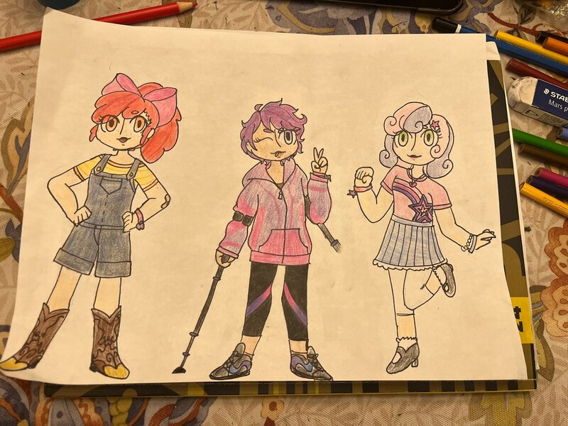 Size: 2048x1536 | Tagged: safe, artist:fruityoctopus, derpibooru import, apple bloom, scootaloo, sweetie belle, human, 2024, crutches, cutie mark crusaders, disabled, drawing, female, humanized, image, irl, jpeg, peace sign, photo, smiling, traditional art, trio, trio female