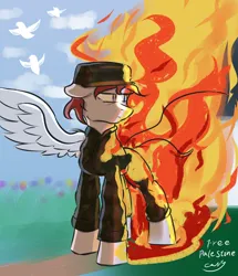 Size: 1860x2160 | Tagged: safe, artist:cavity, derpibooru import, oc, unofficial characters only, bird, dove, pegasus, aaron bushnell, clothes, cloud, current events, fire, flower, image, jpeg, military uniform, peace, politics, uniform