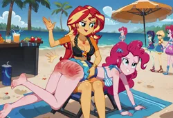 Size: 1600x1095 | Tagged: suggestive, ai content, machine learning generated, prompter:desconhecido2000, pinkie pie, sunset shimmer, human, equestria girls, ass, balloonbutt, beach, bikini, breasts, butt, clothes, image, jpeg, over the knee, spank mark, spanked, spanking, swimsuit