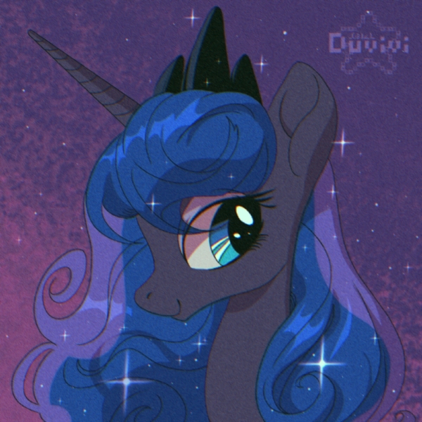 Size: 2000x2000 | Tagged: safe, artist:duvivi, derpibooru import, princess luna, alicorn, pony, abstract background, aside glance, bust, female, image, jpeg, looking at you, mare, portrait, sideways glance, smiling, smiling at you, solo, sparkles