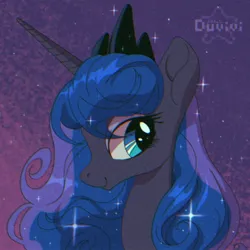 Size: 2000x2000 | Tagged: safe, artist:duvivi, derpibooru import, princess luna, alicorn, pony, abstract background, aside glance, bust, female, image, jpeg, looking at you, mare, portrait, sideways glance, smiling, smiling at you, solo, sparkles