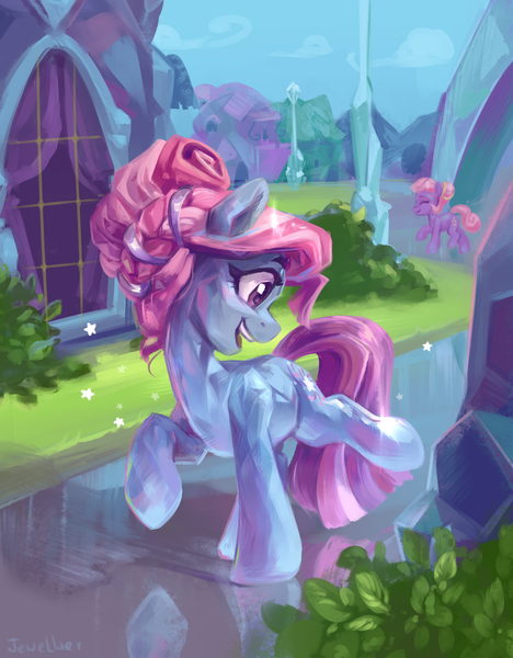 Size: 1950x2500 | Tagged: safe, artist:jewellier, derpibooru import, star swirl, crystal pony, earth pony, pony, g4, alternate hairstyle, bush, contest entry, crystal empire, crystallized, female, glow, happy, image, mare, outdoors, png, solo, sparkling, species swap, stars, streetlight