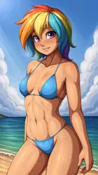 Size: 672x1200 | Tagged: suggestive, ai content, derpibooru import, machine learning generated, prompter:darkfire681, stable diffusion, rainbow dash, human, g4, beach, bikini, bikini bottom, bikini top, blue bikini, blue swimsuit, breasts, clothes, female, generator:easyfluff v11.2, humanized, image, ocean, outdoors, png, solo, stupid sexy rainbow dash, swimsuit, tan skin, water