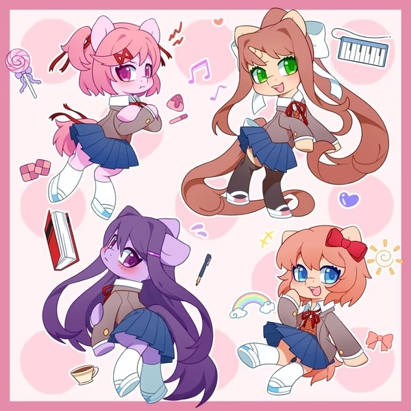 Size: 1080x1080 | Tagged: safe, artist:blueeye, derpibooru import, ponified, earth pony, pony, unicorn, abstract background, blushing, book, bow, candy, clothes, cookie, cup, doki doki literature club, doki doki literature club!, female, food, hair bow, hairpin, heart, horn, image, jpeg, lollipop, mare, monika, music notes, musical instrument, natsuki, open mouth, outline, passepartout, pen, puffy cheeks, rainbow, sayori, school uniform, shoes, skirt, smiling, socks, sun, white outline, yuri (ddlc)