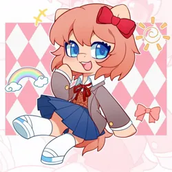 Size: 1080x1080 | Tagged: safe, artist:blueeye, derpibooru import, ponified, earth pony, pony, abstract background, blushing, book, bow, clothes, doki doki literature club, doki doki literature club!, female, hair bow, image, jpeg, mare, open mouth, outline, pen, rainbow, sayori, school uniform, shoes, skirt, smiling, socks, solo, sun, white outline