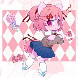 Size: 1080x1080 | Tagged: safe, artist:blueeye, derpibooru import, ponified, earth pony, pony, abstract background, blushing, candy, clothes, cookie, doki doki literature club, doki doki literature club!, female, food, hairpin, horn, image, jpeg, lollipop, mare, natsuki, open mouth, outline, puffy cheeks, school uniform, shoes, skirt, socks, white outline