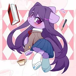 Size: 1080x1080 | Tagged: safe, artist:blueeye, derpibooru import, ponified, earth pony, pony, abstract background, blushing, book, clothes, cup, doki doki literature club, doki doki literature club!, female, hairpin, horn, image, jpeg, looking at you, looking back, looking back at you, mare, open mouth, outline, pen, school uniform, shoes, skirt, socks, solo, white outline, yuri (ddlc)