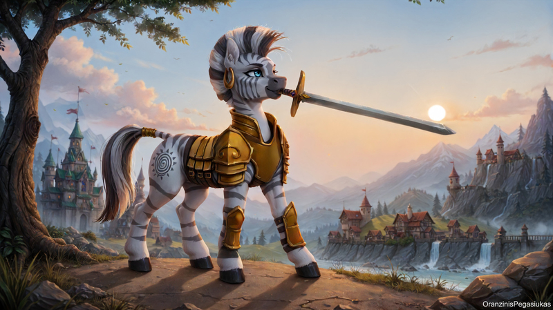 Size: 2560x1437 | Tagged: safe, ai content, derpibooru import, generator:pony realism 2.1, machine learning assisted, machine learning generated, prompter:oranzinispegasiukas, stable diffusion, zecora, pony, zebra, equestria at war mod, armor, castle, female, high res, image, jpeg, knee pads, mouth hold, solo, sword, tree, weapon