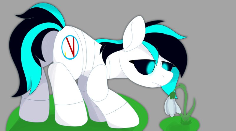 Size: 4500x2500 | Tagged: safe, artist:ponkus, derpibooru import, oc, pony, robot, robot pony, female, flower, glow, glowing eyes, image, mare, png, simple background, snowdrop (flower), solo